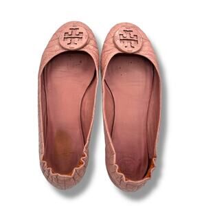 Tory Burch Reva Pink Croc Embossed Ballet Flats Size 9 Logo Round Toe